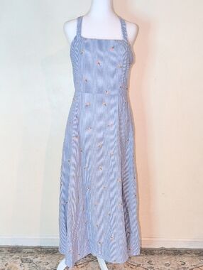 Striped Blue Maxi Dress with Delicate Embroidery